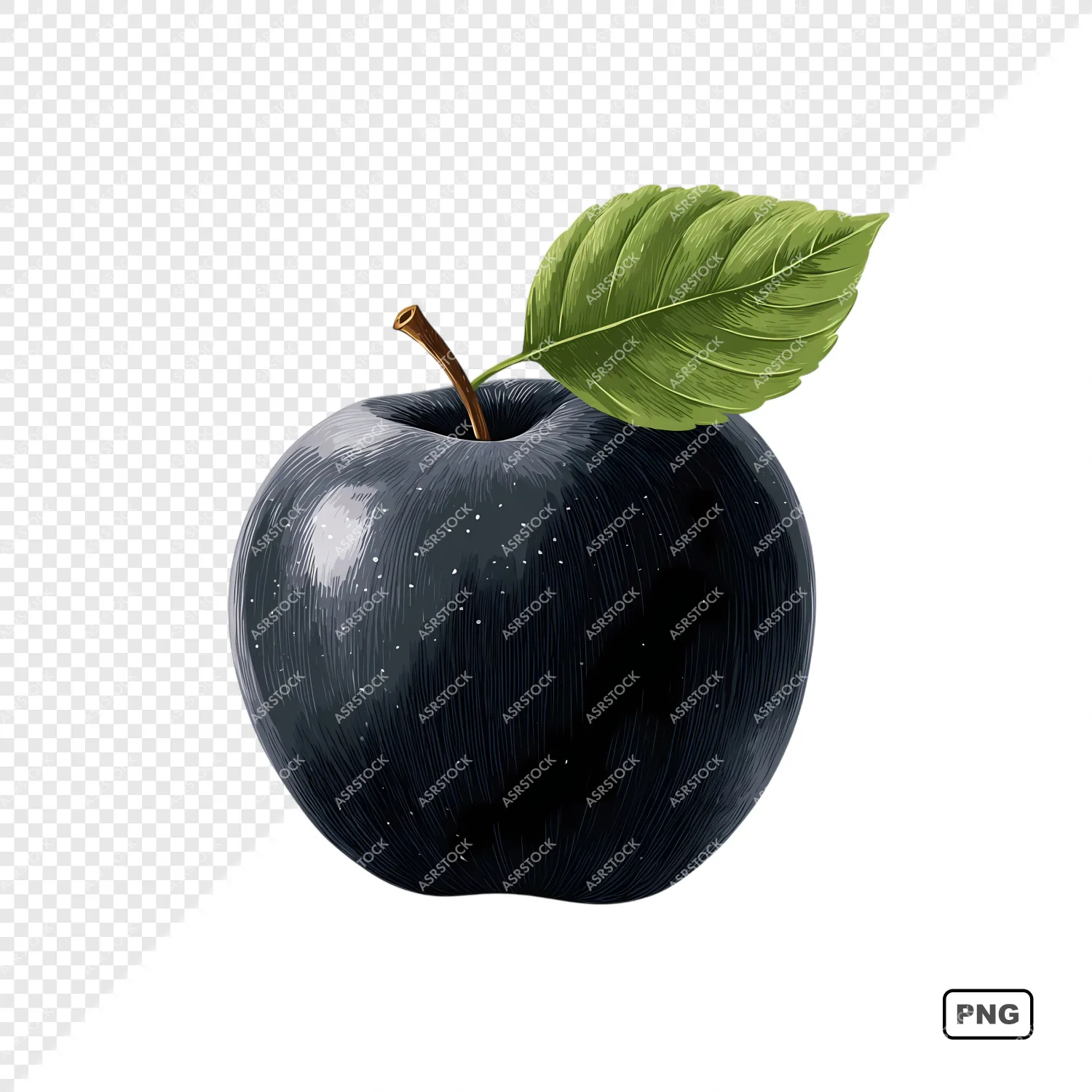 black apple with leaf illustration png